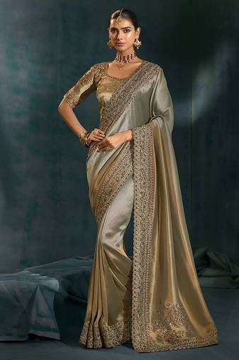 Grey embroidered silk blend contemporary saree for engagement