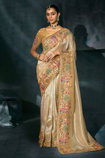 Cream embroidered silk blend contemporary saree for engagement
