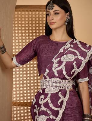 grape purple gold crush art silk embroidered saree with belt white thread work festive designer saree 4