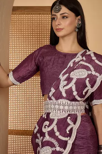 grape purple gold crush art silk embroidered saree with belt white thread work festive designer saree