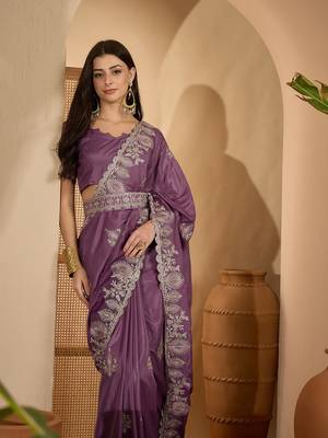 lavender chocolate art silk embroidered saree with belt sequin work designer party & festive saree 2