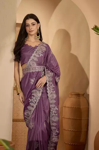lavender chocolate art silk embroidered saree with belt sequin work designer party & festive saree