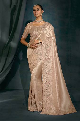 Light peach embroidered silk blend contemporary saree for engagement