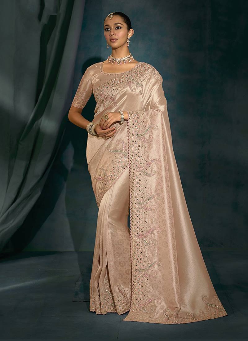 Light peach embroidered silk blend contemporary saree for engagement