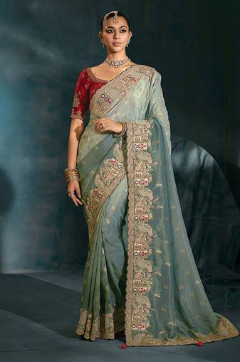 Grey crepe beautifull border saree with cutdana moti zarkan work