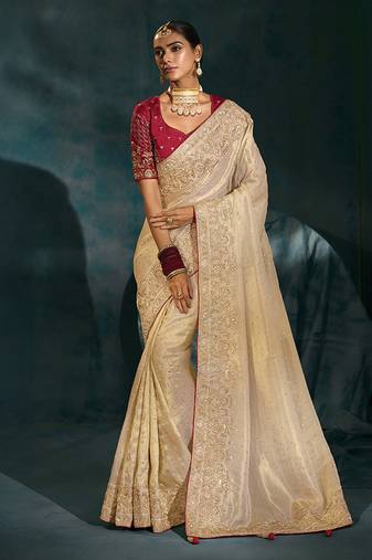 Cream embroidered silk blend contemporary saree for engagement
