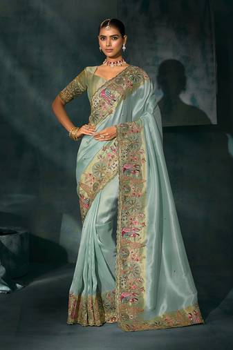 Beige embroidered silk blend contemporary saree for engagement