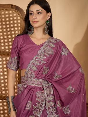 dusty rose chocolate art silk embroidered saree with belt sequence work festive & party wear saree 4