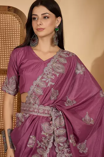 dusty rose chocolate art silk embroidered saree with belt sequence work festive & party wear saree