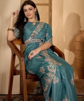teal blue chocolate art silk embroidered saree with belt sequence work designer festive party saree 1
