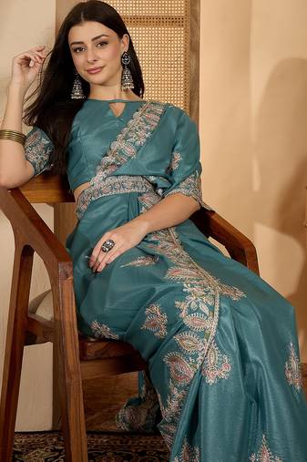 teal blue chocolate art silk embroidered saree with belt sequence work designer festive party saree