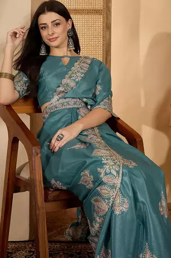 teal blue chocolate art silk embroidered saree with belt sequence work designer festive party saree