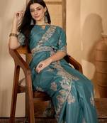 teal blue chocolate art silk embroidered saree with belt sequence work designer festive party saree