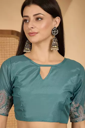 teal blue chocolate art silk embroidered saree with belt sequence work designer festive party saree
