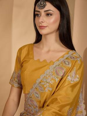 mustard yellow chocolate art silk embroidered saree with belt sequence work designer festive saree 4