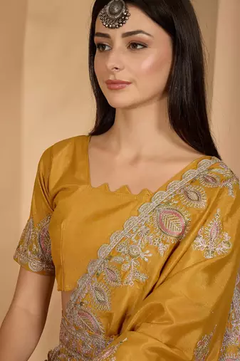 mustard yellow chocolate art silk embroidered saree with belt sequence work designer festive saree