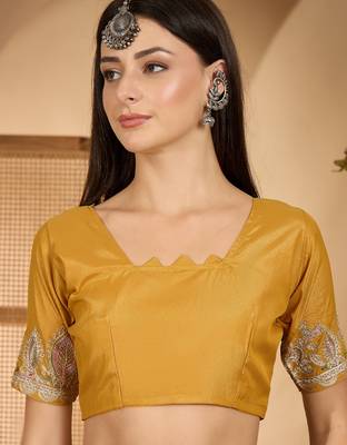 mustard yellow chocolate art silk embroidered saree with belt sequence work designer festive saree 5
