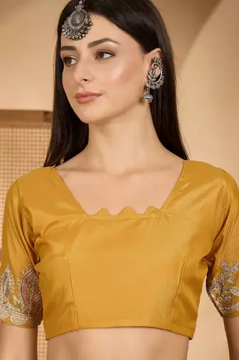 mustard yellow chocolate art silk embroidered saree with belt sequence work designer festive saree