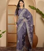 smoky grey chocolate art silk embroidered saree with belt sequence work designer festive saree