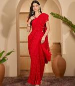 Red heavy net embroidered saree with belt diamond embellished designer festive party wear saree
