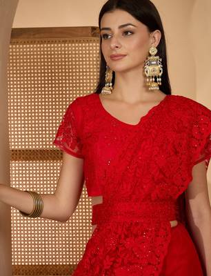 Red heavy net embroidered saree with belt diamond embellished designer festive party wear saree 5