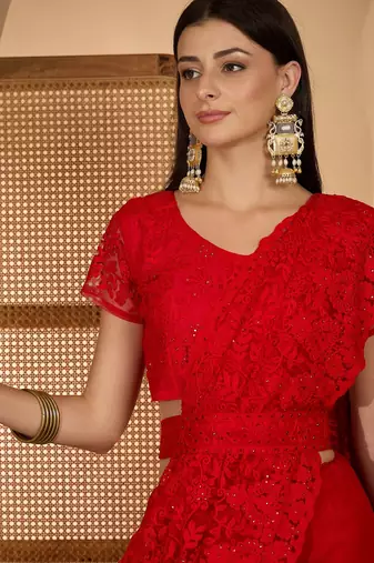 Red heavy net embroidered saree with belt diamond embellished designer festive party wear saree
