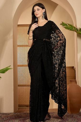 Black heavy net embroidered saree with belt diamond embellished designer party & reception saree