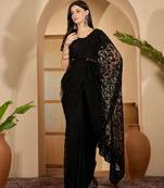 Black heavy net embroidered saree with belt diamond embellished designer party & reception saree