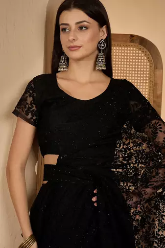 Black heavy net embroidered saree with belt diamond embellished designer party & reception saree