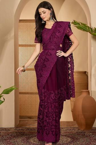 Wine purple heavy net embroidered saree with belt diamond embellished designer festive party saree