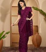 Wine purple heavy net embroidered saree with belt diamond embellished designer festive party saree