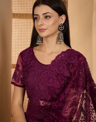 Wine purple heavy net embroidered saree with belt diamond embellished designer festive party saree 5