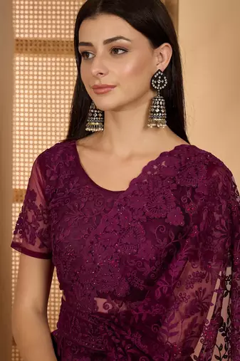 Wine purple heavy net embroidered saree with belt diamond embellished designer festive party saree