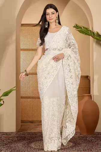 White heavy net embroidered saree with belt diamond embellished designer wedding & party saree