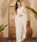 White heavy net embroidered saree with belt diamond embellished designer wedding & party saree