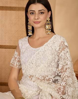 White heavy net embroidered saree with belt diamond embellished designer wedding & party saree 5