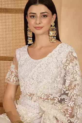 White heavy net embroidered saree with belt diamond embellished designer wedding & party saree