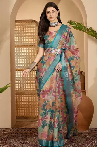 Multicolour linen zari digital print saree with belt fancy zari border designer festive saree