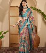 Multicolour linen zari digital print saree with belt fancy zari border designer festive saree