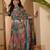 Multicolour linen zari digital print saree with belt fancy zari border designer festive saree