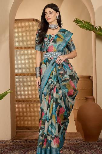 Teal linen zari digital print saree with belt fancy multicolour print zari border festive saree