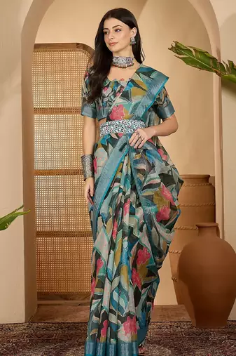 Teal linen zari digital print saree with belt fancy multicolour print zari border festive saree