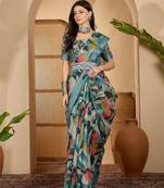 Teal linen zari digital print saree with belt fancy multicolour print zari border festive saree