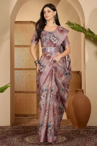 Dusty pink linen zari digital print saree with belt floral print zari border designer festive saree