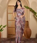 Dusty pink linen zari digital print saree with belt floral print zari border designer festive saree