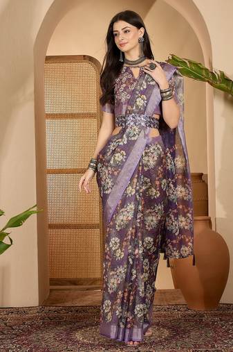 Purple linen zari digital print saree with belt floral print fancy zari border festive wear saree