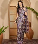 Purple linen zari digital print saree with belt floral print fancy zari border festive wear saree