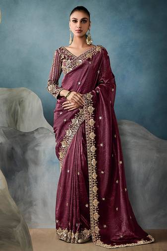 Wine tissue embroidered sequins and zari work saree