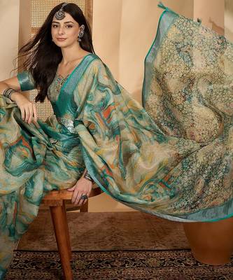 Teal marble print linen zari saree with belt fancy digital print zari border festive wear saree 1