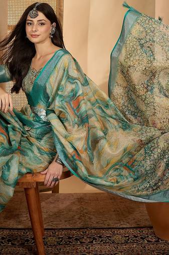 Teal marble print linen zari saree with belt fancy digital print zari border festive wear saree